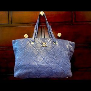 Chanel blue leather tote 18x10x6 inch